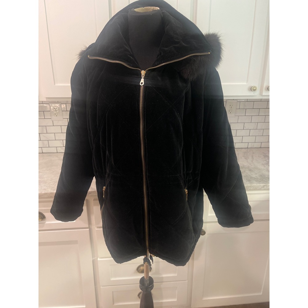 Albert Nipon Parka Womens M Black Sport Quilted Velvet Fur Trim Hooded Jacket